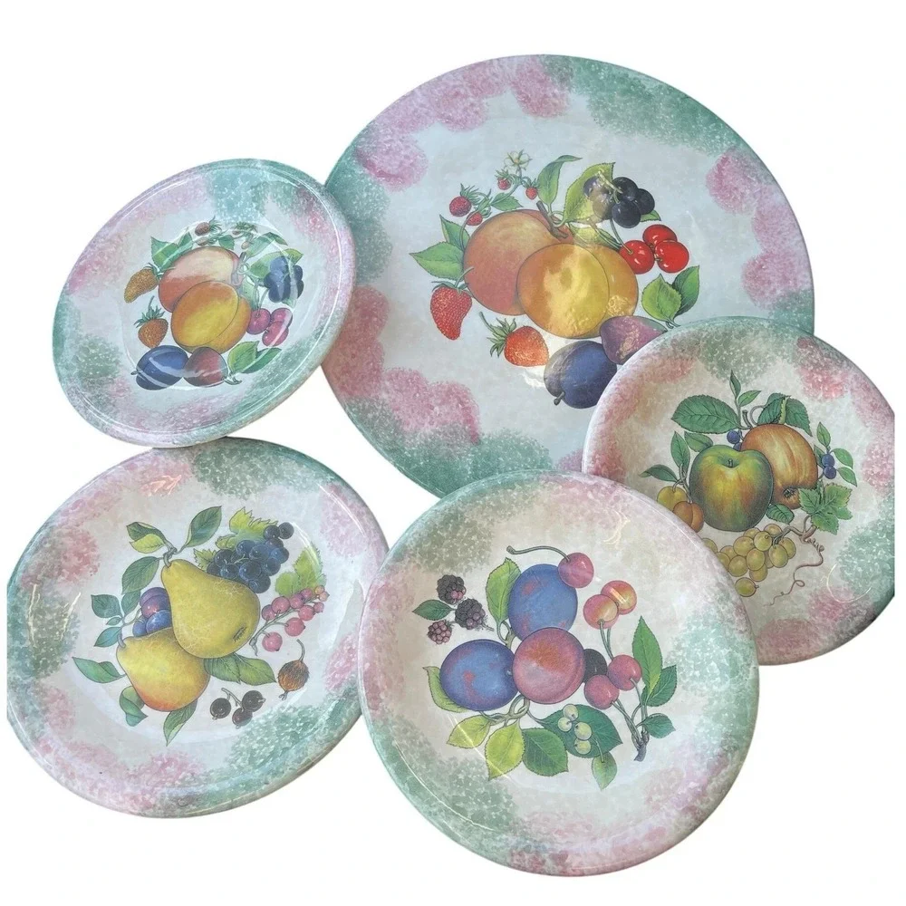 Due Torri Ceramica Italy Fruit Serving Set Platter & 4 Plates‎ Pink Green Border